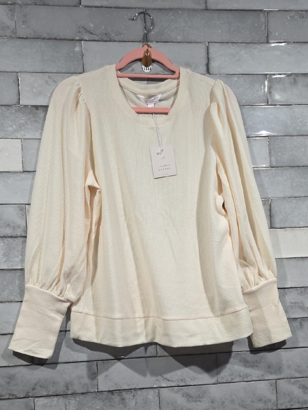 LC Lauren Conrad NWT Cream Waffle Knit Puff-Sleeve Sweatshirt Size XL Petite